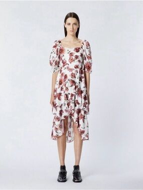 The Kooples Floral Tiered Puff-Sleeve Midi Dress in White and Rose